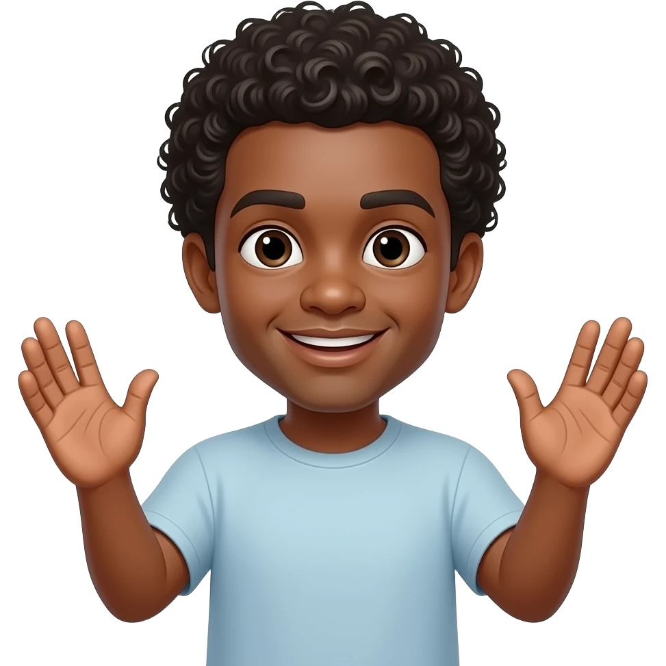 A black male person with curly hair with  their palms out emoji