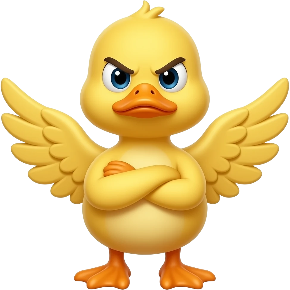 a yellow duck with a his hands crossed looking offended and eyebrows not like he is angry emoji