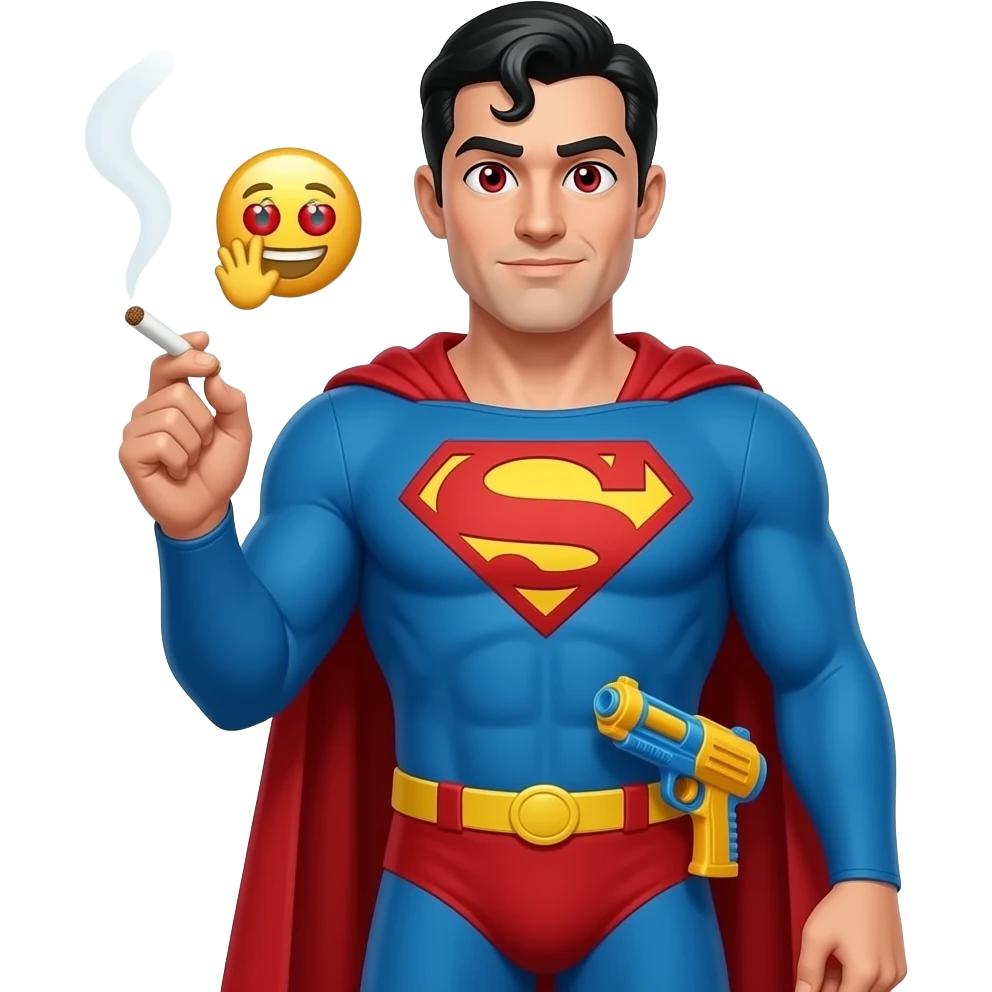 Make this with , the eyes have Cherries as pupils and the left hand is holding a joint and a gas emoji, right hand is relaxed and whole arm is down, emoji is seen until the waist with a water gun tucked Superman with his complete look emoji