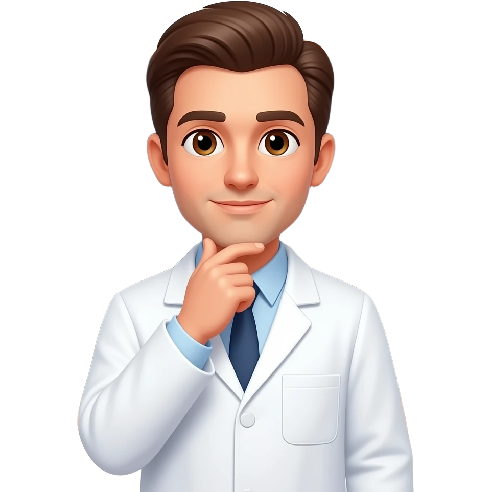 illustration of a male physicist, pale skin, rich brown hair neatly combed, wearing a crisp white lab coat over a collared shirt, standing thoughtfully in front of a chalkboard covered with complex physics equations (E=mc  2  , quantum mechanics emoji