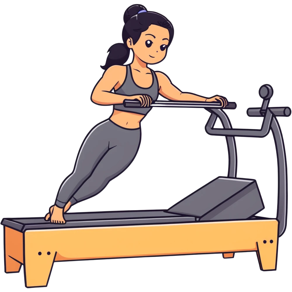 woman with tanned skin, long black hair, wearing a sports bra, doing Pilates on a reformer machine emoji