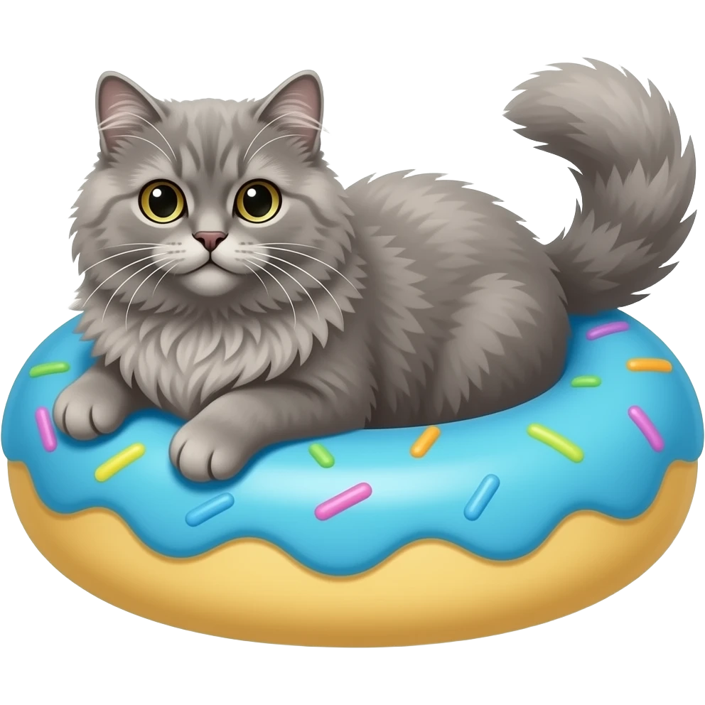 Grey Persian cat in a blue and yellow floating donut pool toy emoji