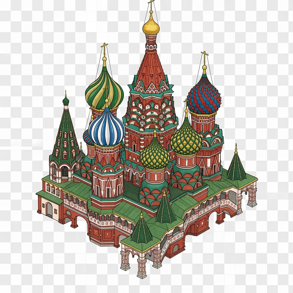 Isometric illustration of photorealistic Saint Basil's Cathedral with colorful onion domes, hand-drawn painterly details transparent background emoji