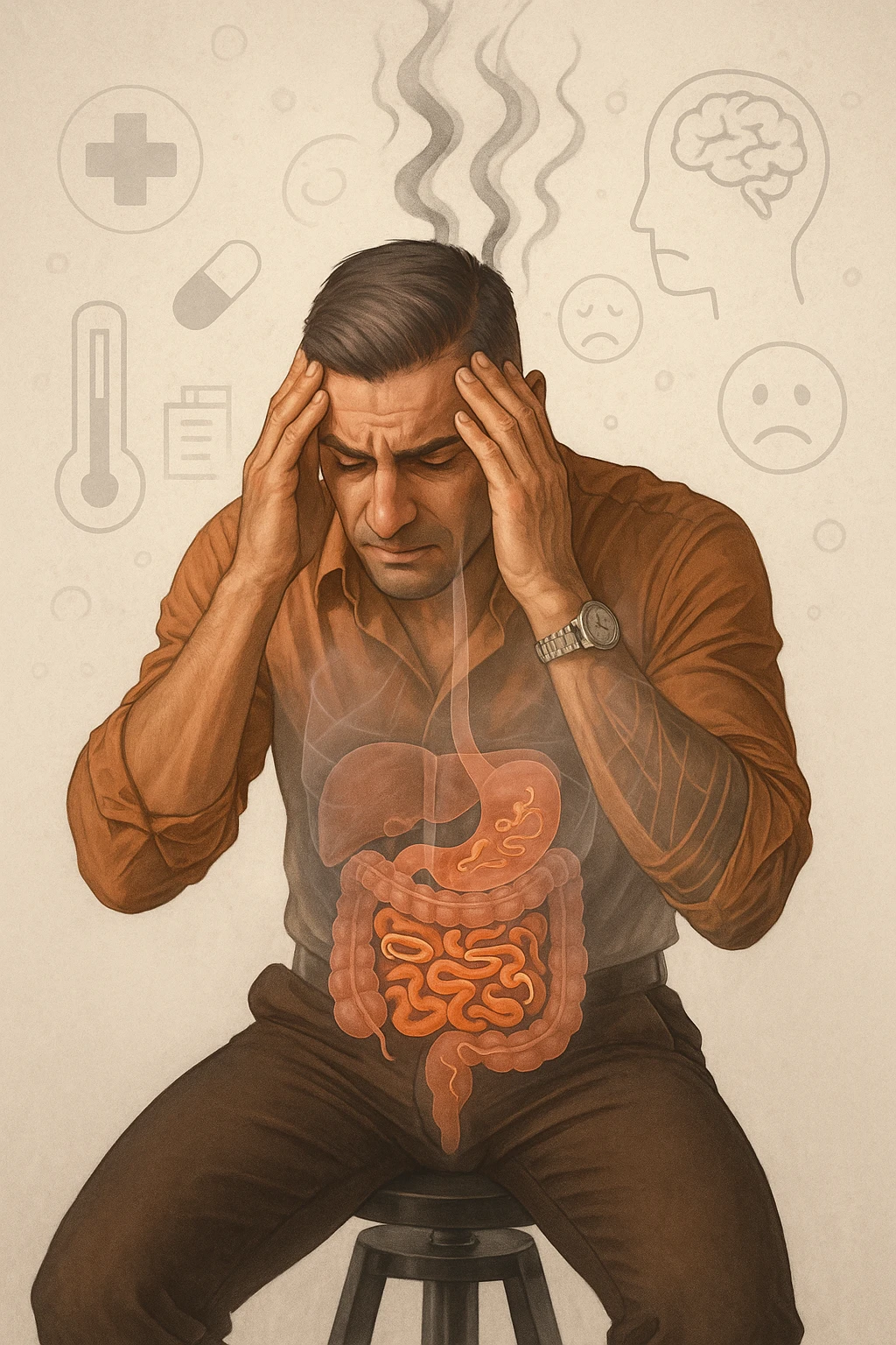 a person sits with a troubled expression, holding their head in their hands. A transparent overlay on their body reveals stylized images of parasites in the digestive tract, while faint, shadowy tendrils extend upward toward the brain, symbolizing the psychological impact. The background is clinical and educational, with subtle icons representing both physical and mental symptoms. emoji
