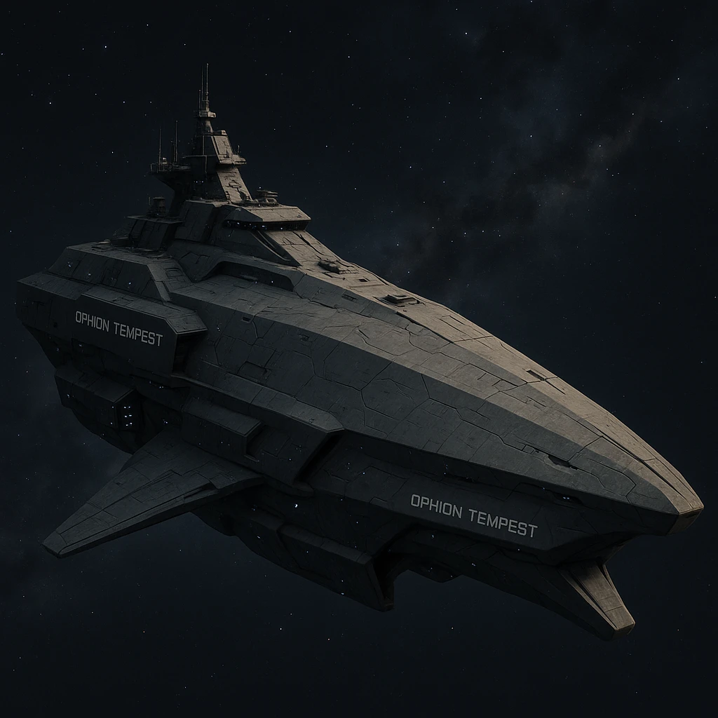 capital class space cruiser supercarrier of Zrian [human] origins, named the "Ophion Tempest"
The ship has a blocky military, yet sleek and angular design, mimicking a prehistoric sea-mammal or Cetacea  emoji
