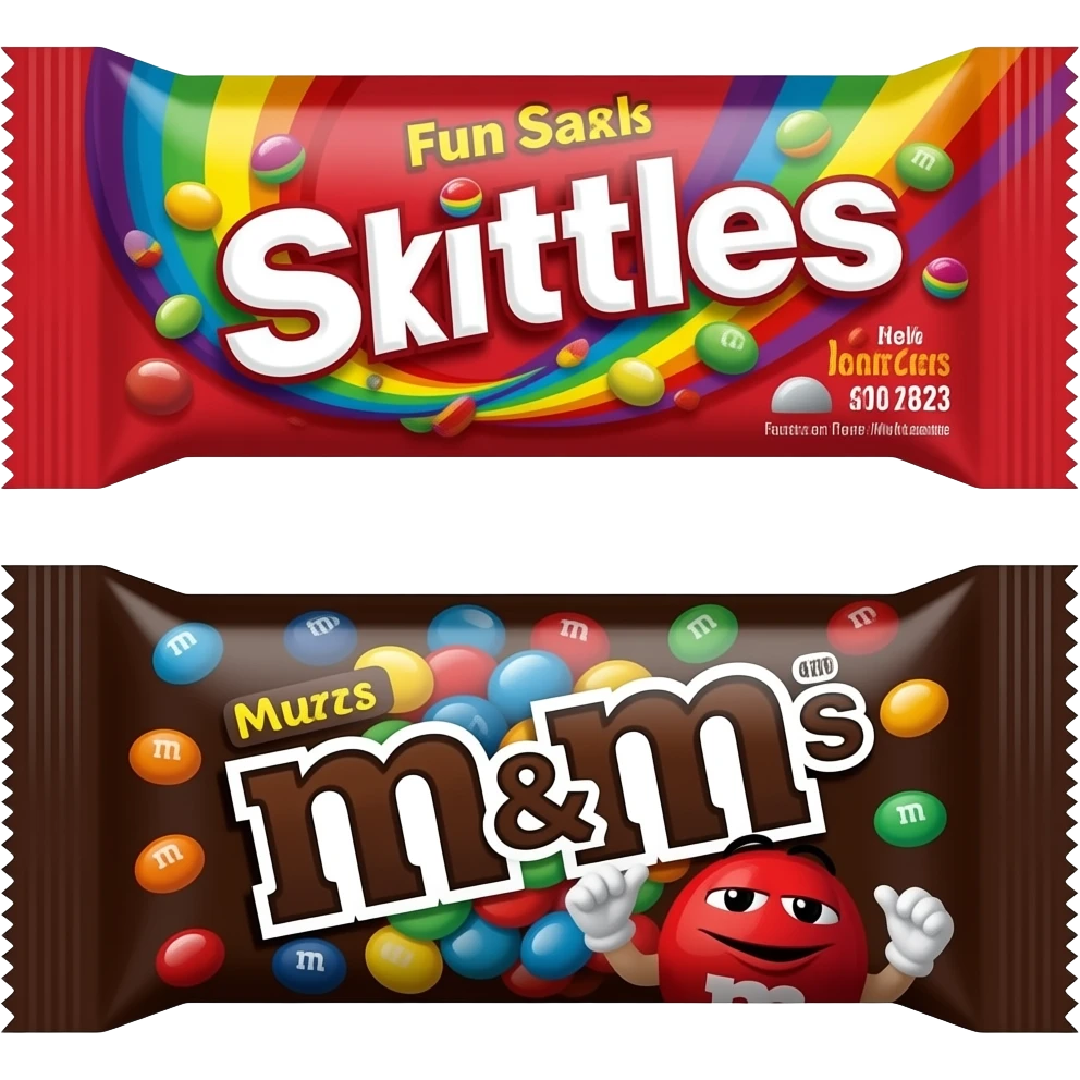 fun size red packet of skittles & a fun size brown packet of M&Ms emoji