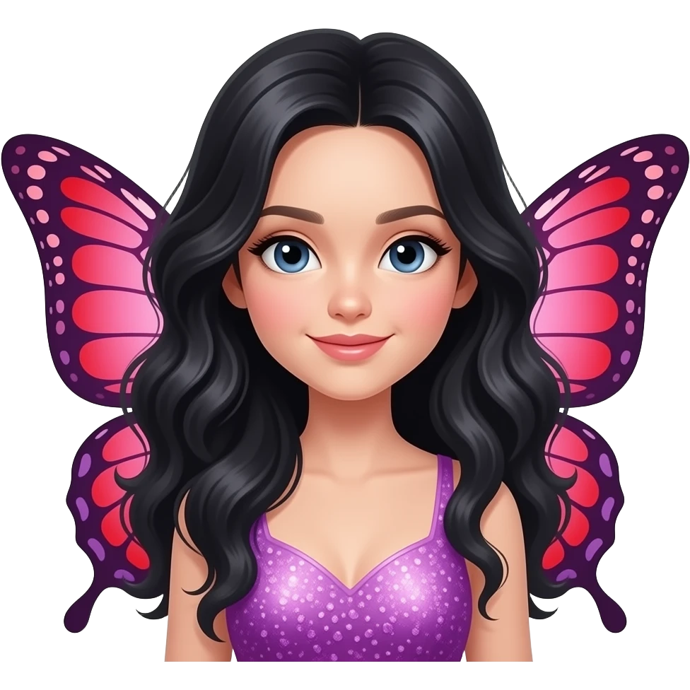 white girl fairy with long wavy black hair, pink and purple red butterfly wings sparkly emoji