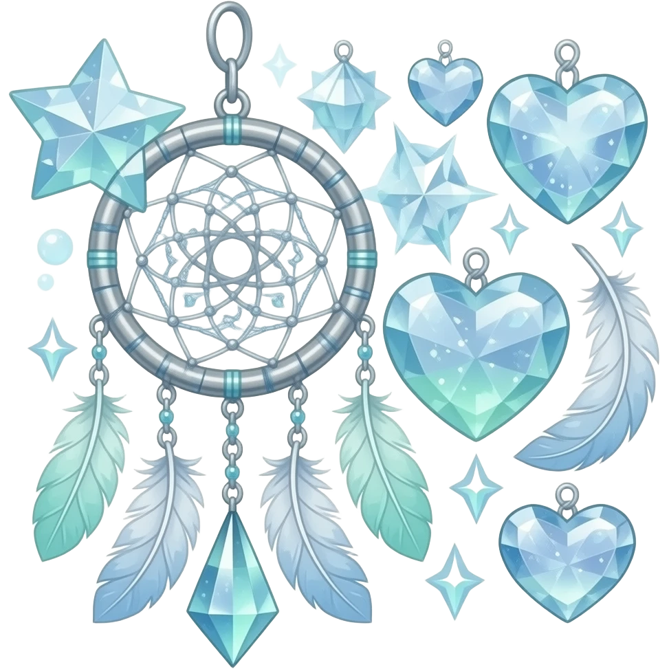 Blue-lime-greenish and silver cold-cool-colored romantic lush beautiful pretty hanging crystal-catcher aesthetic with hearts and sparkles and feathers emoji