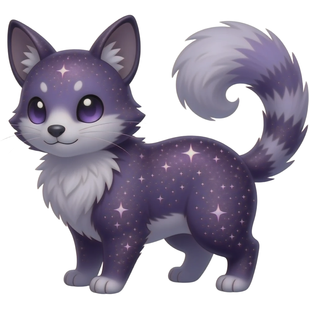 Hyper realistic midnight-violet velvet fur soaked in starlight glitter and shadow gradients beautiful elegant cute Fakémon-Pokémon-opossum-serval-caracal-chinchilla-Furret emoji