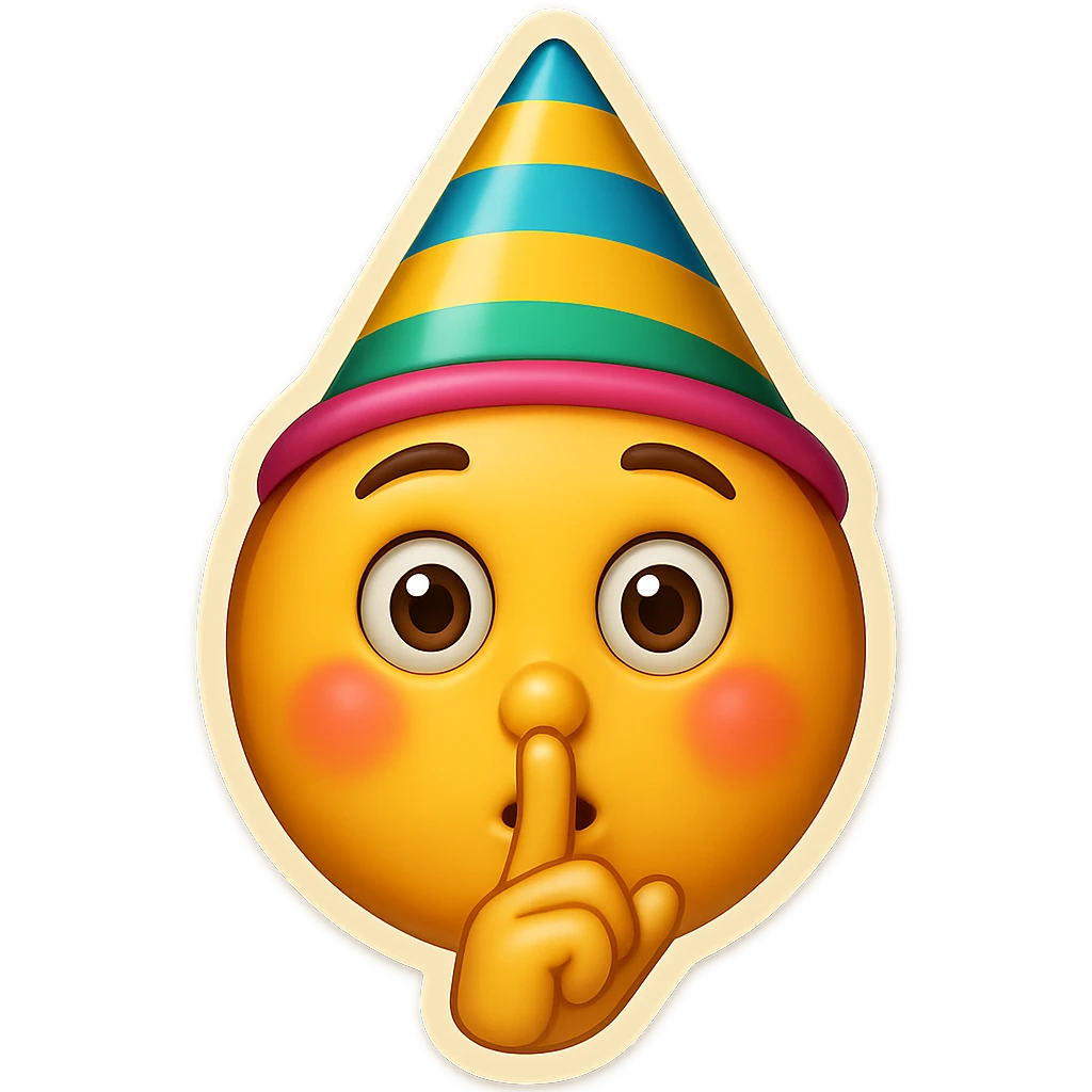 Add a finger in front of the pursed lips to clearly show the shushing gesture, keeping the party hat and playful expression, no background. emoji
