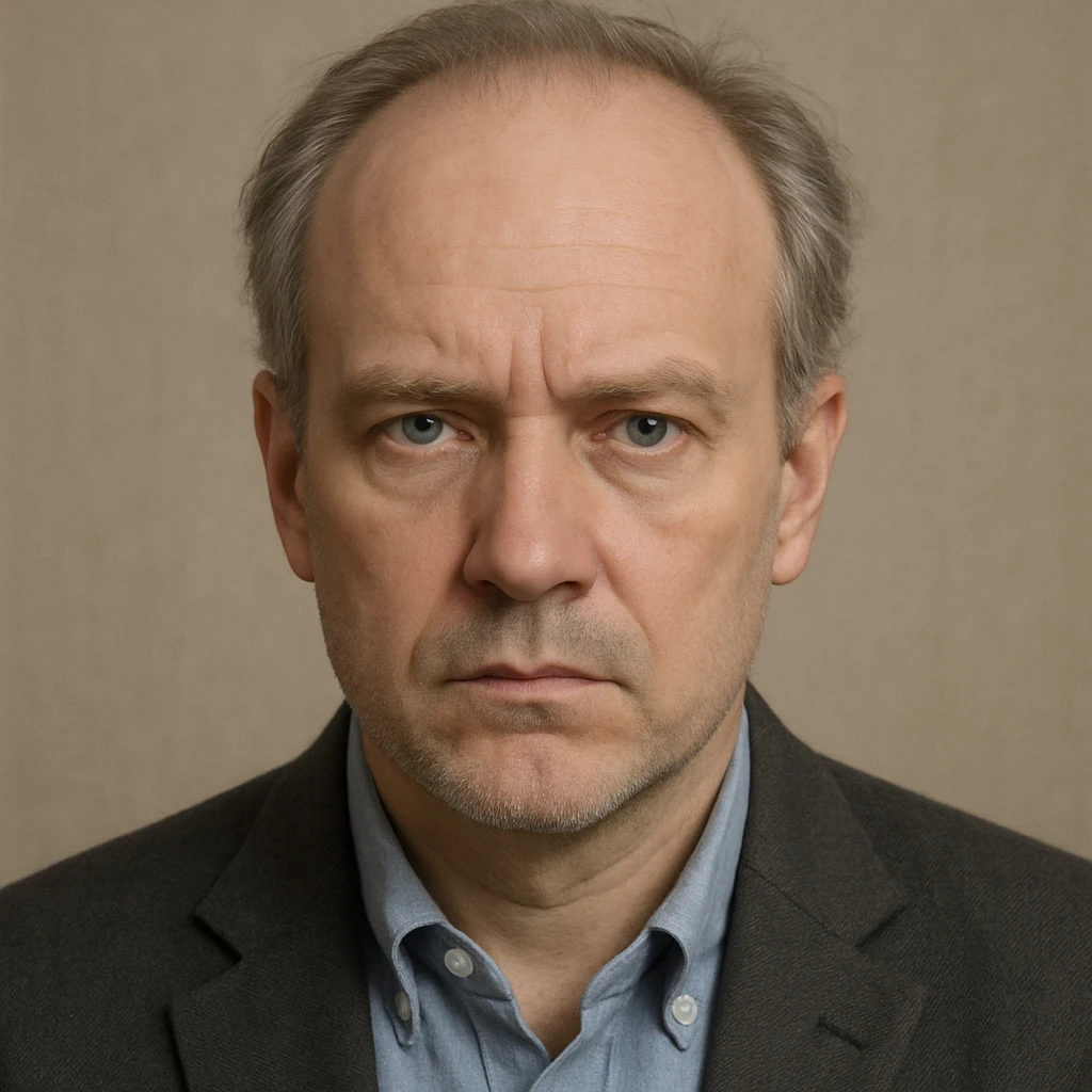 portrait of a man with receding gray hair, blue eyes, and a serious expression, neutral style emoji