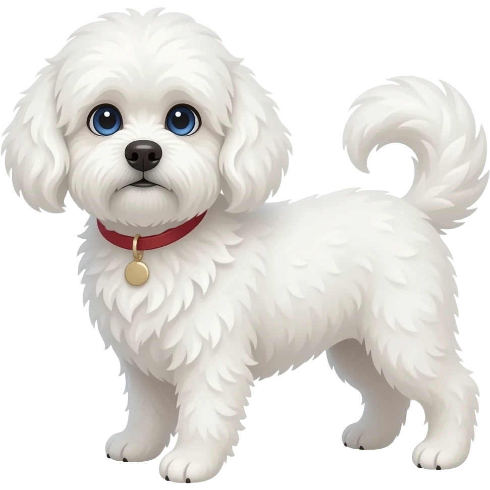 Elder woman curly hair blue eyes standig with a white Maltese dog emoji