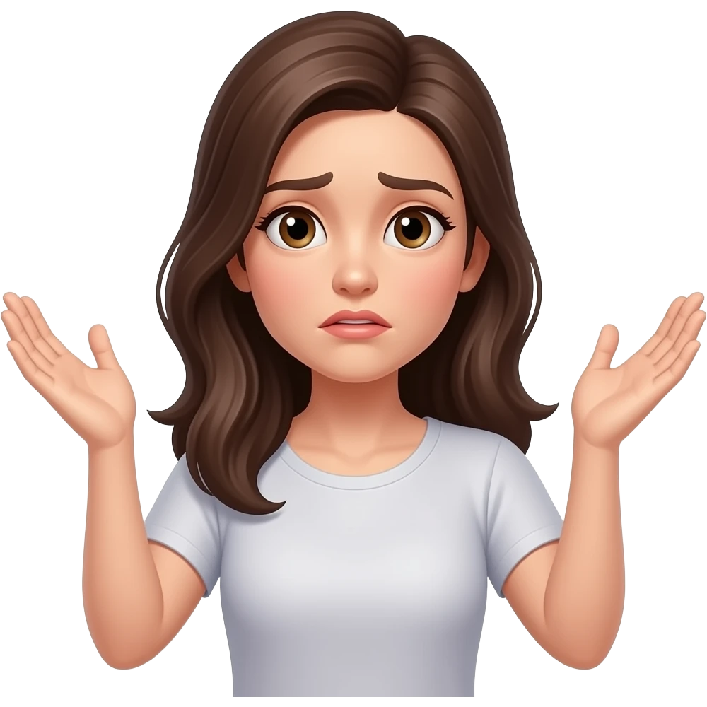 Женщина и не понимает, разводит руками, ладони вверх, не знает emoji