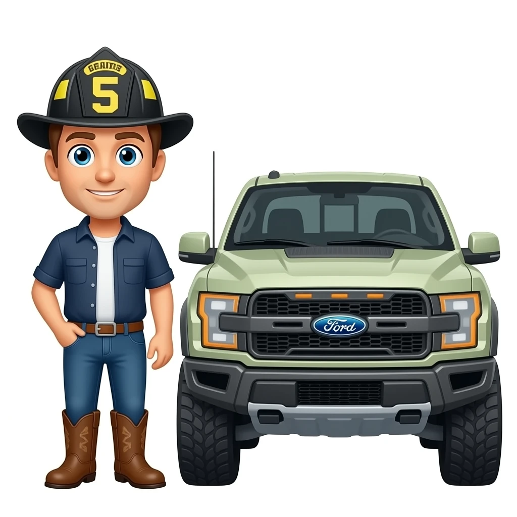 Cartoon emoji-style man in jeans, cowboy boots, and a firefighter helmet standing next to a black Ford Bronco in a garageMake the an to ford bronco marsh color in a garage emoji