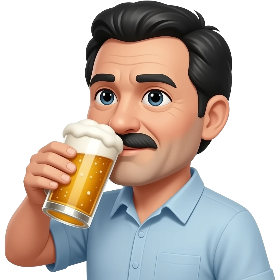 Man middly aged, drink beer, hair black and white, skin medium light, mustache emoji
