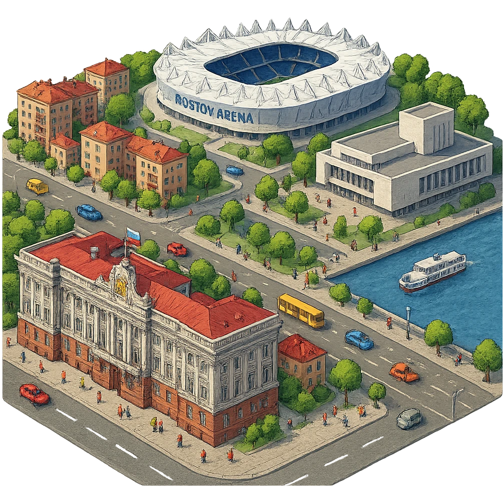 Изометричная чёткая миниатюрная фотореалистичная 3D модель панорамы Ростова-на-Дону — фотореалистичное Здание городской думы Ростова-на-Дону (Городской дом), Ростов-Арена, Ростовский театр драмы имени Горького, набережная Дона, люди, типичные ростовские дома, автотранспорт. Вид сверху в изометрии, яркие цвета, мультяшная рисованная реалистичность, прозрачный фон, компактная композиция. emoji