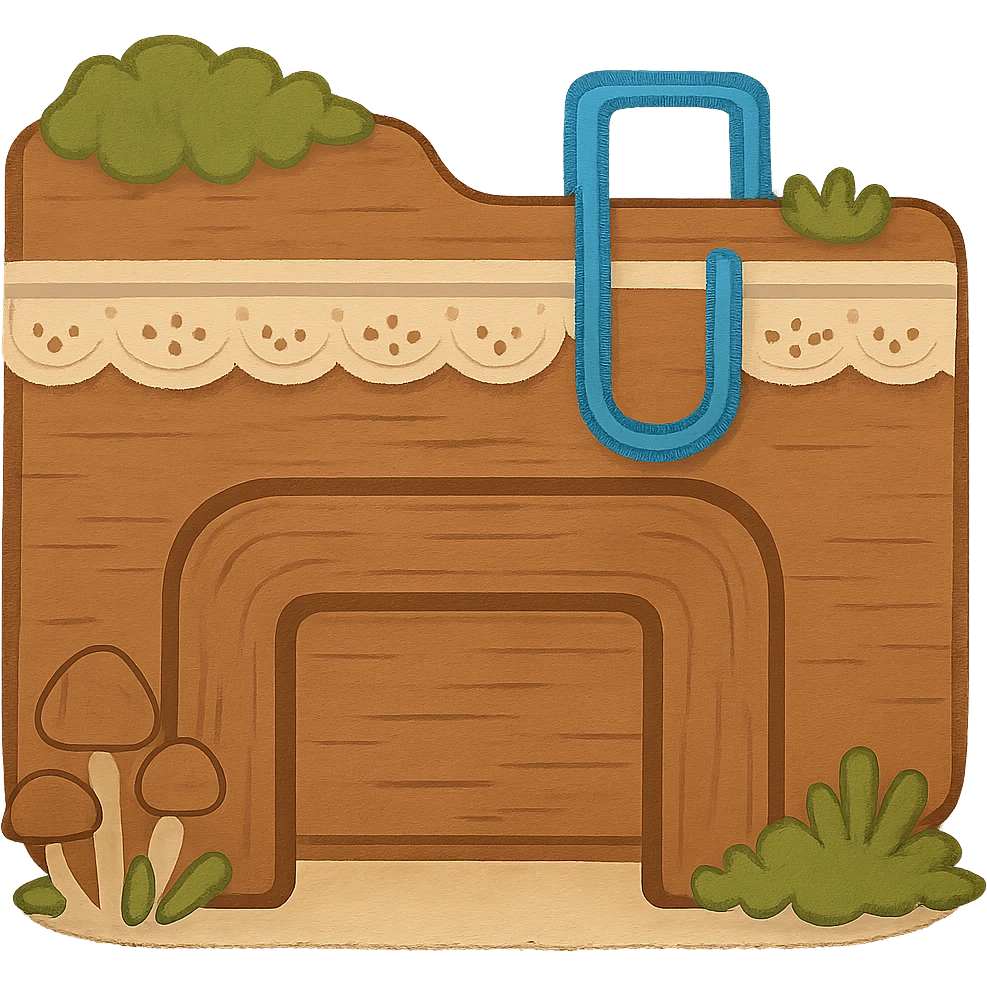 Edit the folder icon in a cottagecore style with soft earthy tones, moss, mushrooms, and lace. Change the U-shaped clip on the folder to a bright blue color matching the original File Explorer icon. Keep the rest of the icon's style and colors the same. No words or text. emoji