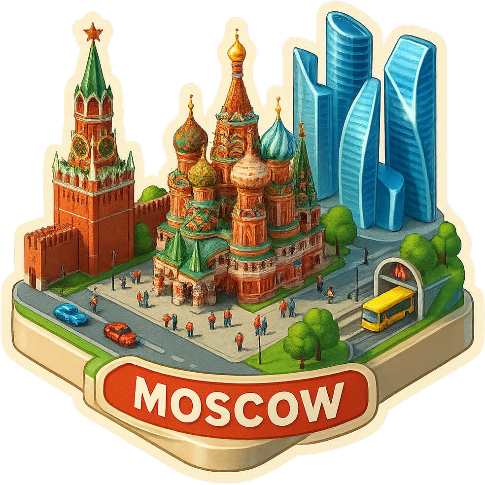 Изометричная миниатюрная 3D модель Москвы на подставке - фотореалистичный Кремль, собор Василия Блаженного, фотореалистичный Башни Москва-Сити, аккуратная детализация, яркие цвета, мультяшный реализм, гуляют люди и современный автотранспорт и метро, компактная композиция, вид сверху в изометрии emoji