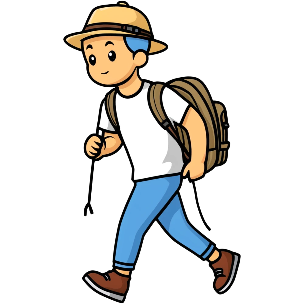 sad tired traveler with backpack and hat walking emoji