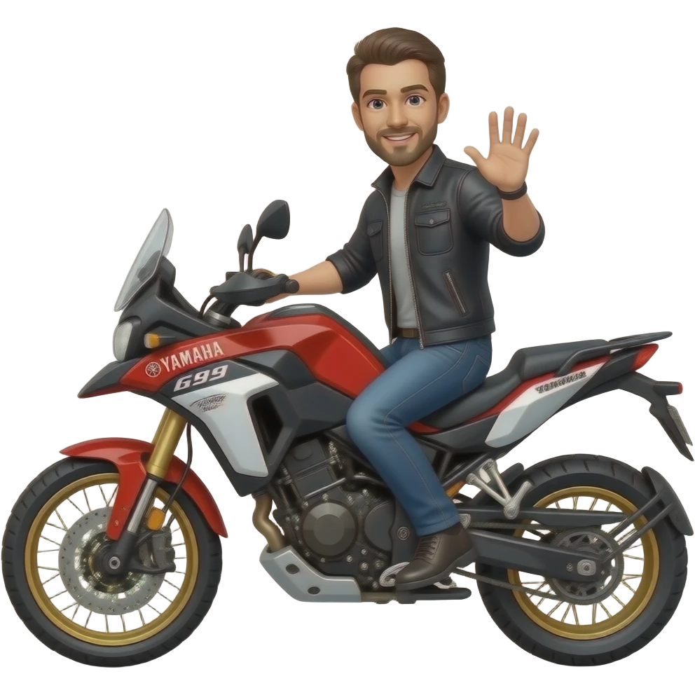 Man on Yahama Tenere 690 motorcycle red black and white waving emoji