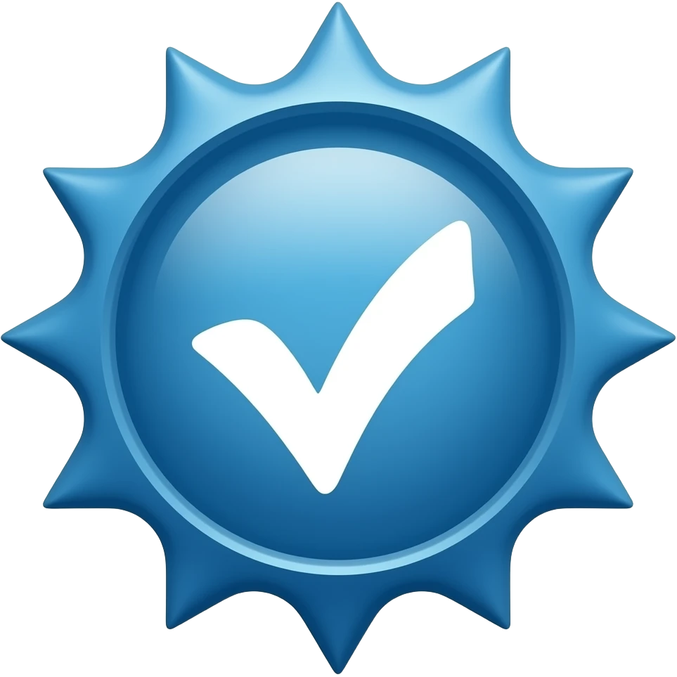 It is a small solid 2D without 3D highlight and shadow blue slightly curved 12 small spikes rounded seal containing a white tick. emoji