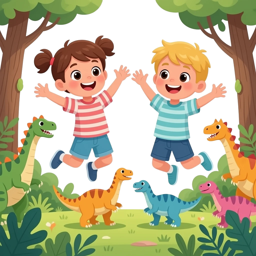 igual pero castany i rubio, color melocoton els dos nens, estan saltant en un  bosc erroific ple de dinosaures emoji
