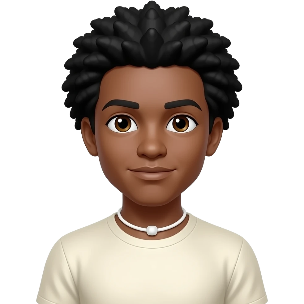 CoryxKenshin with dark brown eyes, black afro hair, ivory metallic t-shirt, white neck bracelet emoji