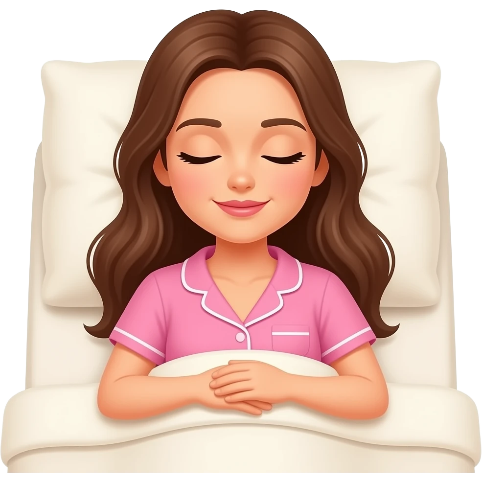 woman with brown long hair and pink sleeping top laying and sleeping in a cream white bedding emoji