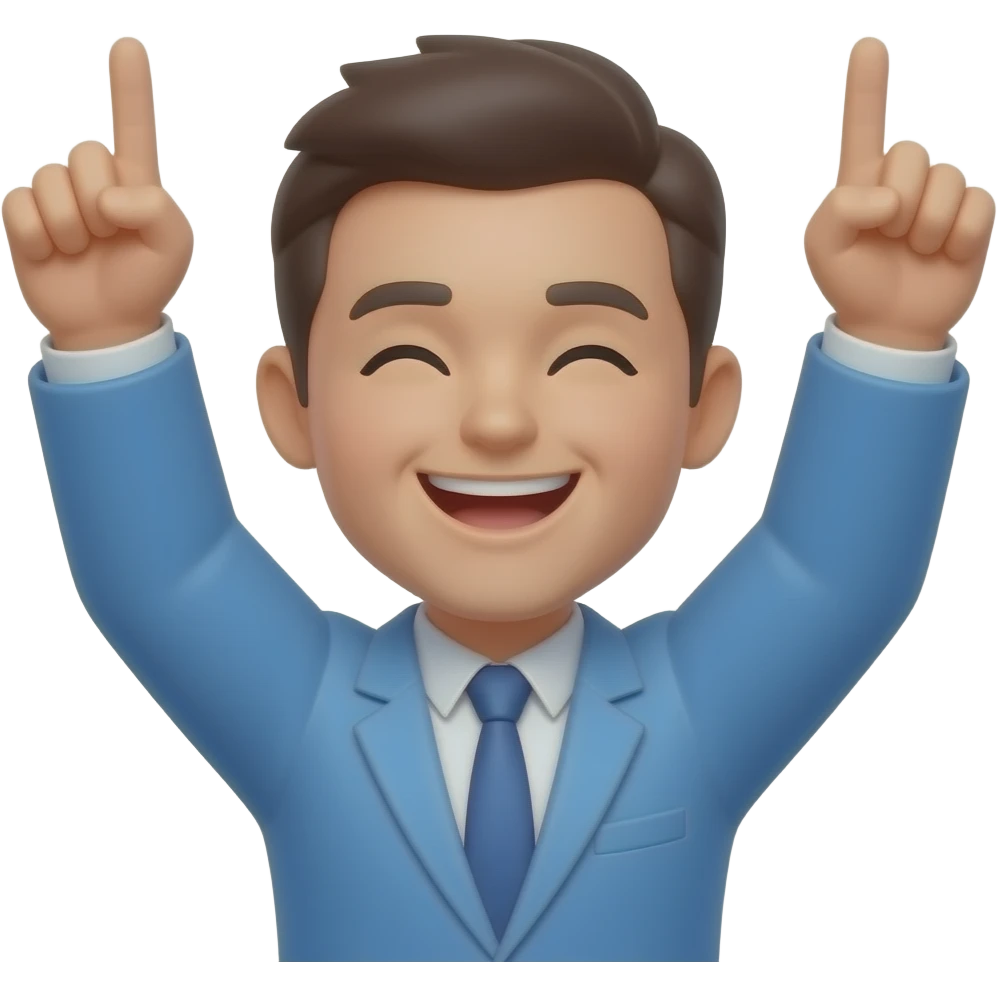 Un emoji de célébration, personnage avec les deux bras levés vers le ciel, les index pointés vers le haut, visage souriant les yeux fermés de joie, style dessin plat, contours noirs épais, fond blanc, style autocollant, art vectoriel propre et coloré avec l’emoji de base emoji