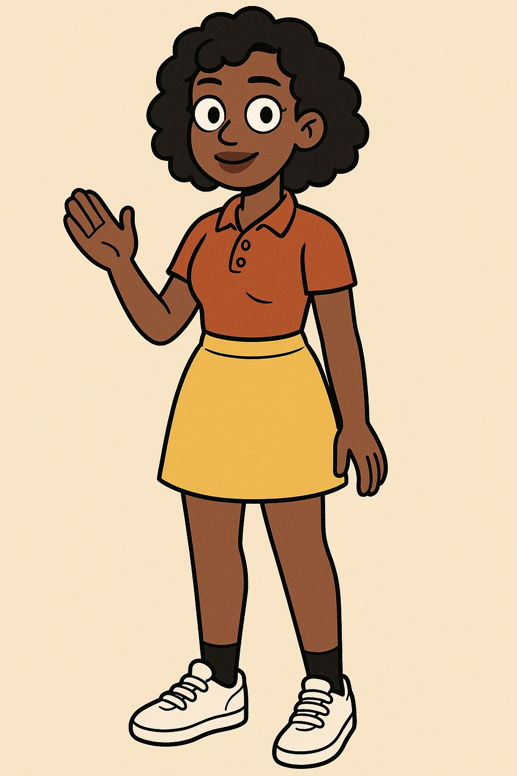 A Girl black Slightly Coiled hair brown Red Women's classic polycotton polo yellow skirt black ankle sock trainer white women's shoe emoji