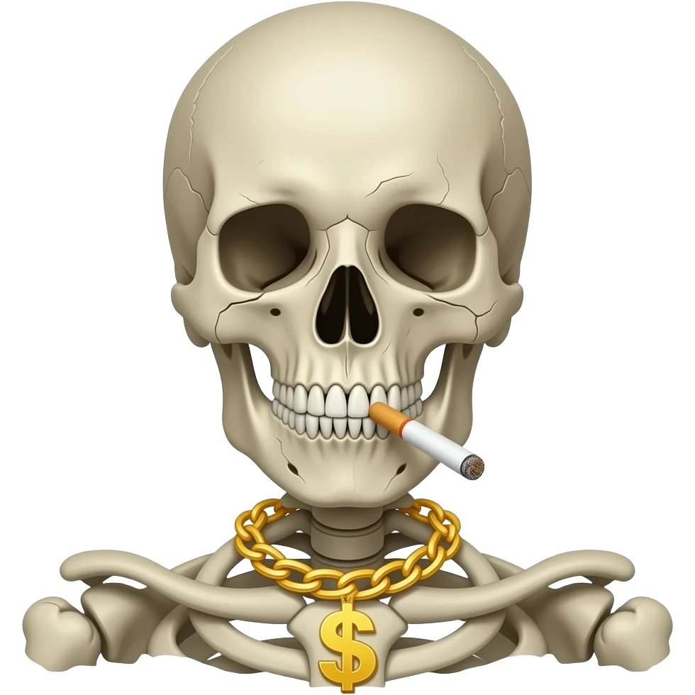 a skull with a gold chain necklace with a money sign at the bottom also make my skull smoking emoji