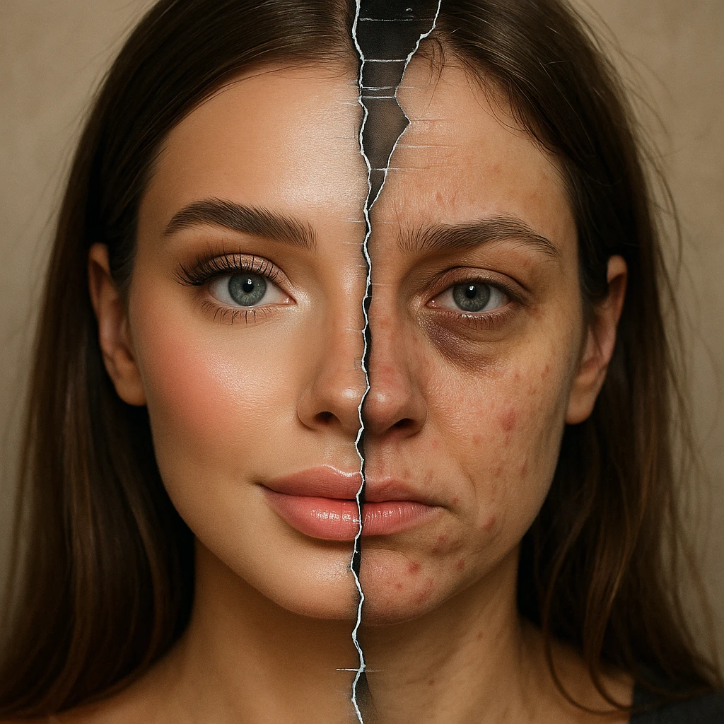 Half-and-half face: left is a perfect, glowing, filter-enhanced influencer look with exaggerated features; right is a weary, unfiltered face with dark circles, blemishes, and a frown. A glitchy, cracked-mirror line separates the two sides. emoji