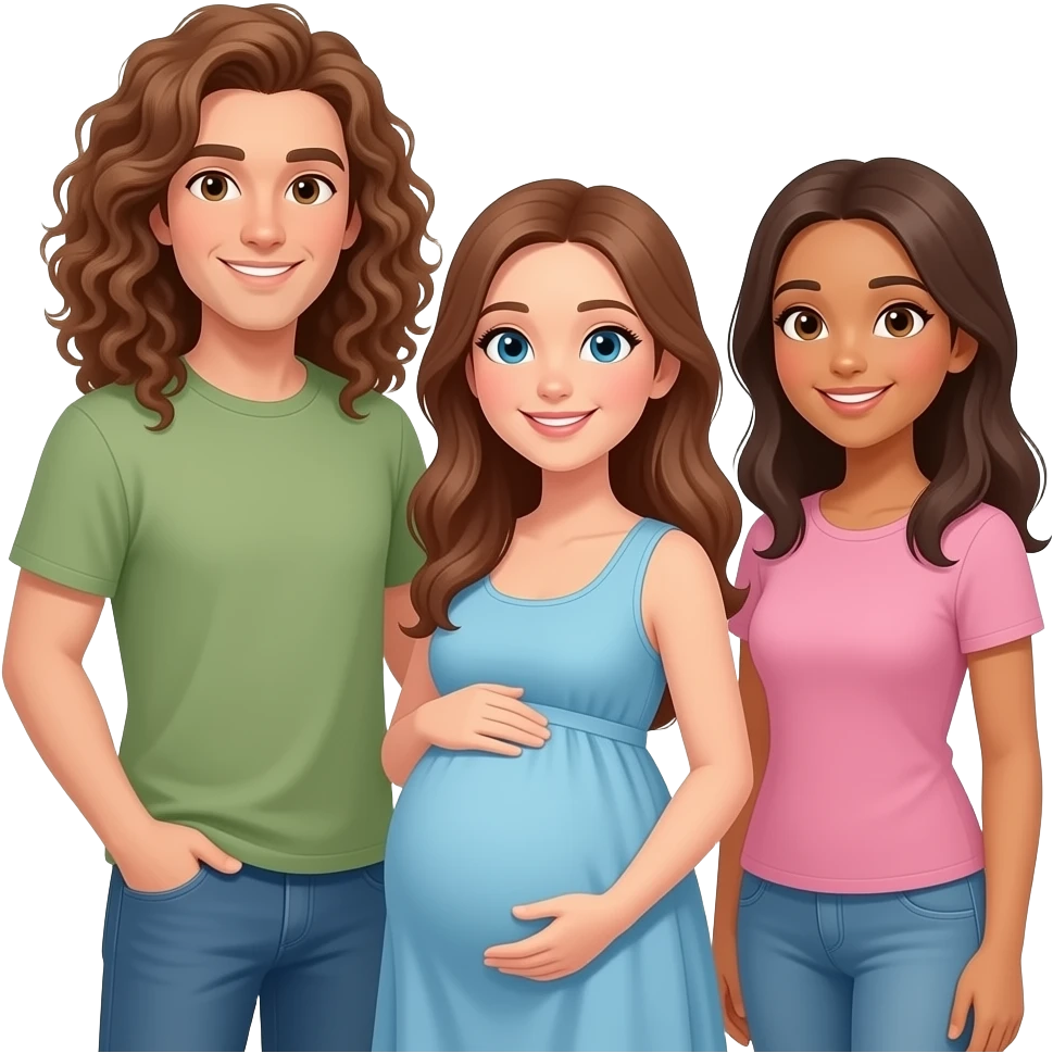 3 Caucasian friends 1 tall with long curly hair, 1 brunette pregnant,  1 brunette emoji