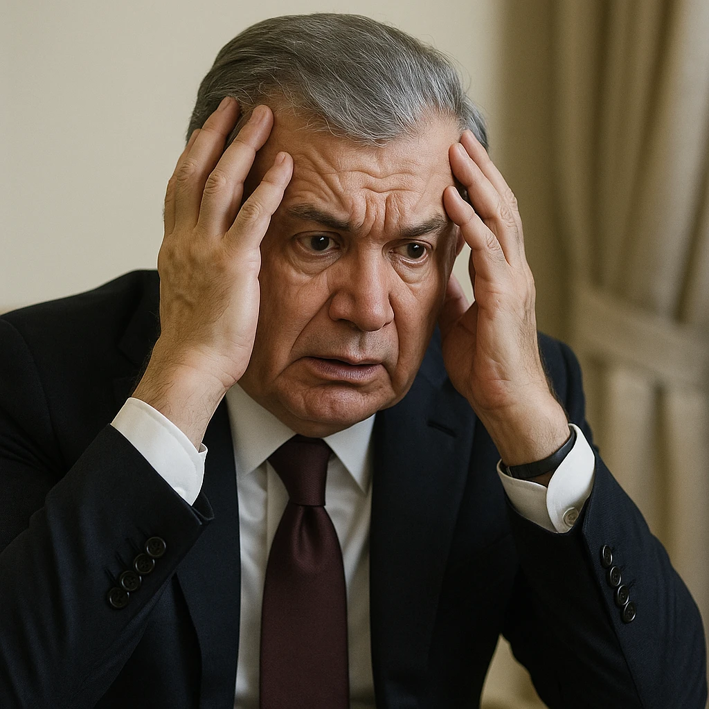 Сгенерируй мне Шавката Мерзиеева (президента Узбекистана) который держится за голову и обеспокоен emoji