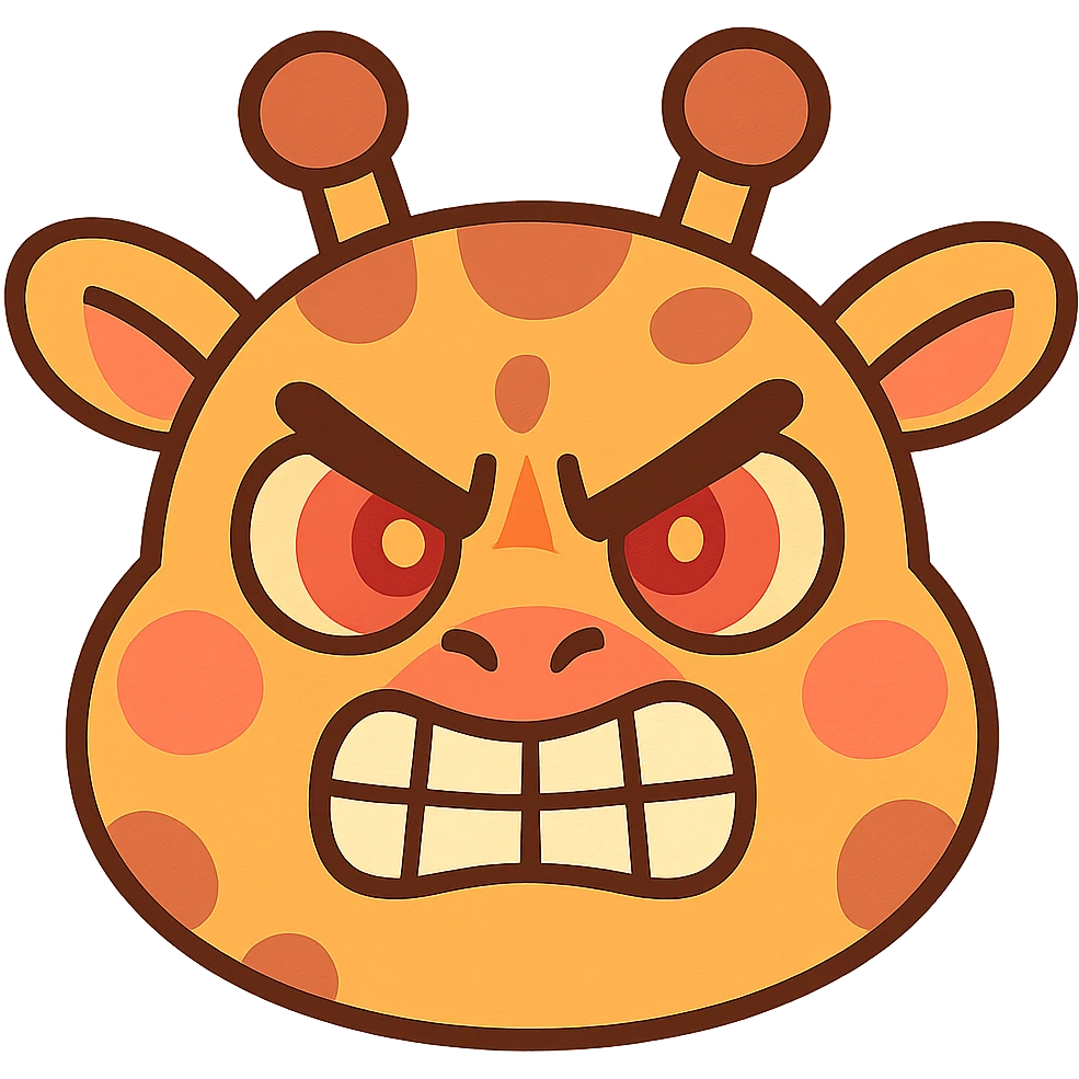 A fierce, determined cartoon giraffe face with furrowed brows, clenched teeth, and fiery eyes. The design should be bold and comically exaggerated, suitable for a 'grr' or 'tryhard' emote. Use sharp angles for the eyebrows, vibrant colors, and a clean, readable style even at small sizes. Cartoonish, kawaii-inspired style, pastel toon emoji