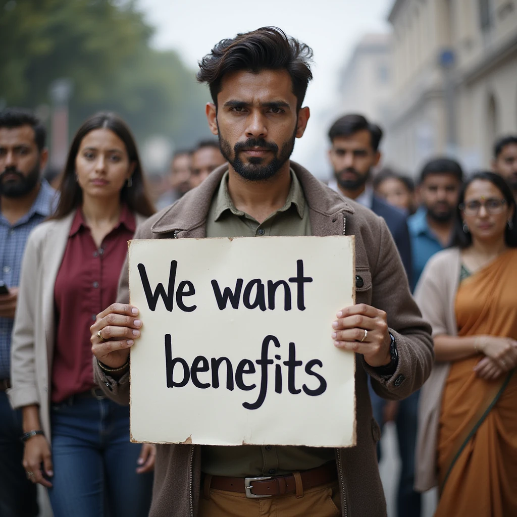 group of indian modern customers holding a board written "We want benefits"with a serious face emoji