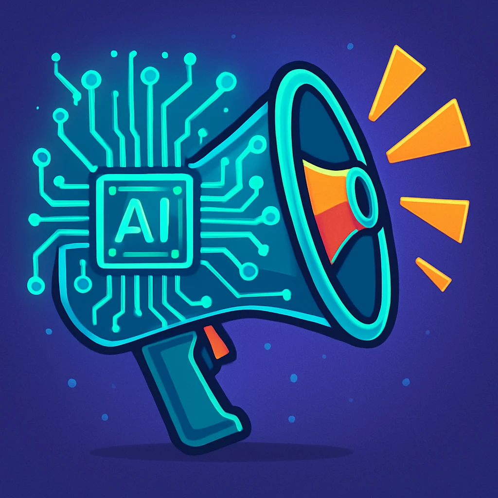 glowing circuit board forming a megaphone, blending AI and marketing concepts, sleek futuristic look, vibrant toon style emoji