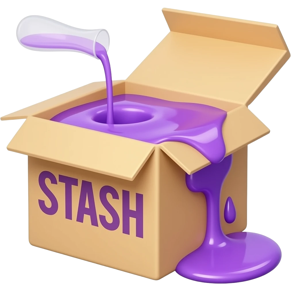 a box with purple syrup flowing out of it and a large inscription on the box saying "STASH" emoji
