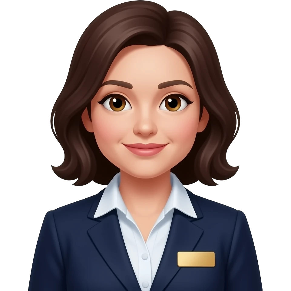 white, chubbier, medium dark brown hair, business woman, brown eyes, gold name-tage emoji