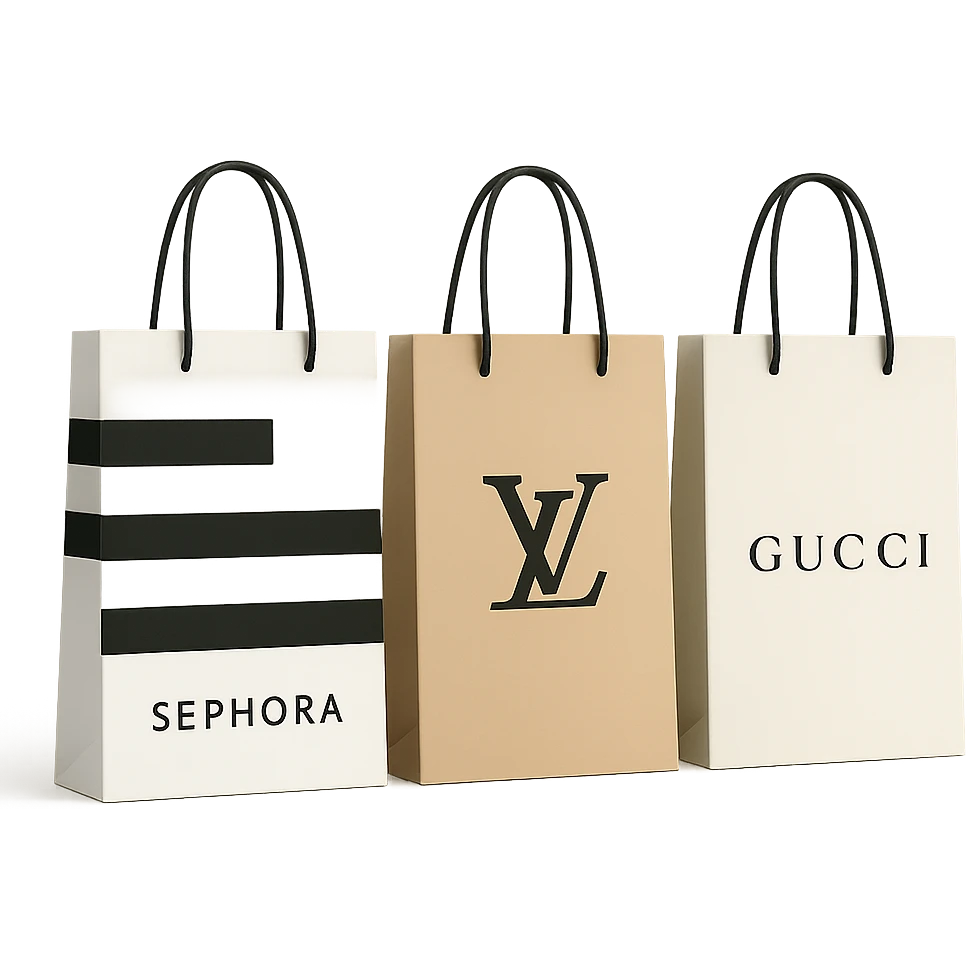 three shopping bags, one with Sephora branding, and two with other high-end store logos, luxury shopping theme, clean and modern style emoji