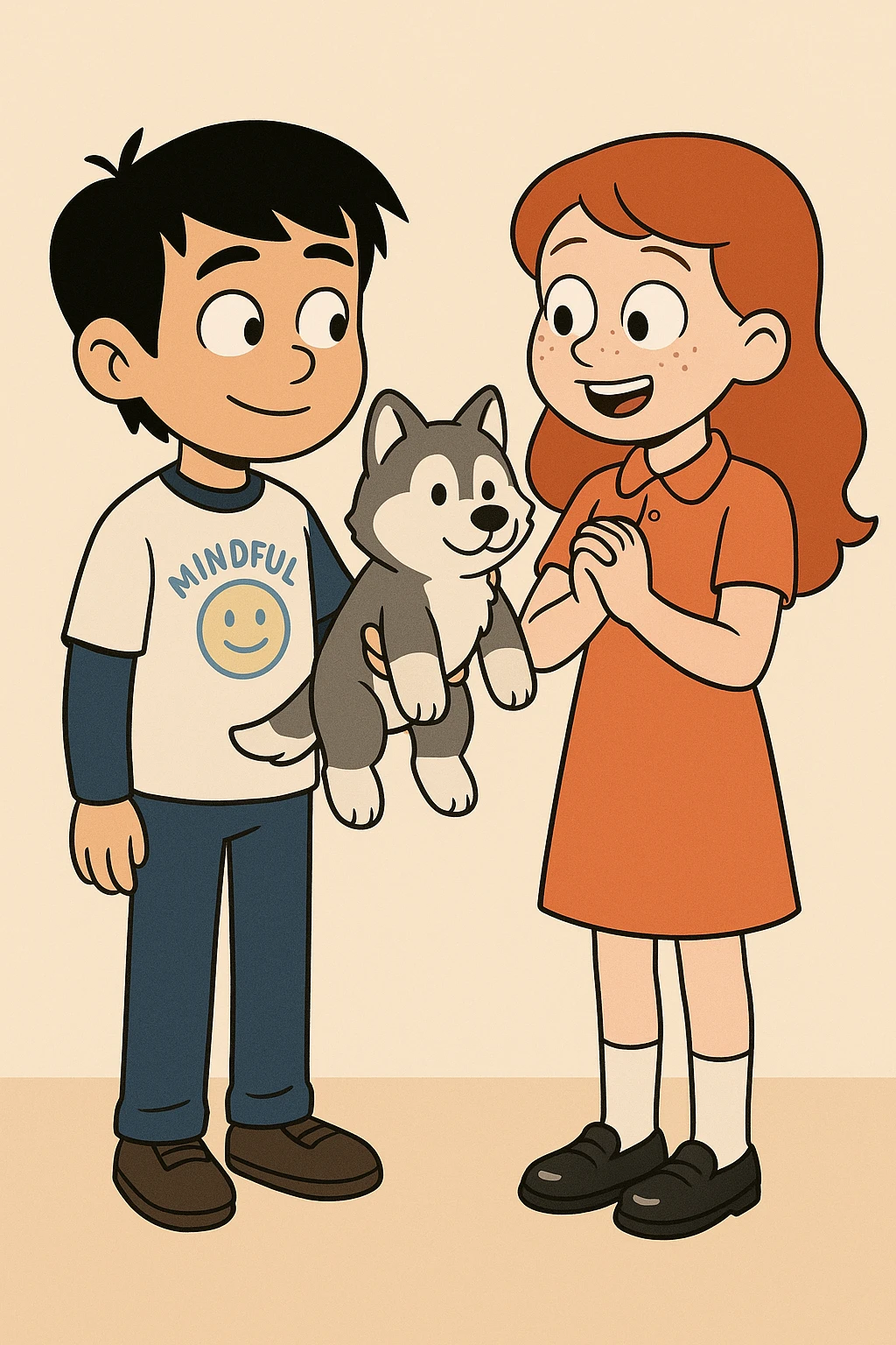 A boy Mindful Blue Original Long Sleeve T blue jeans brown shoe Chinese boy black hair Ringer T White Navy red trousers black shoe Siberian Girl red hair Orange Pro polo dress with socks black loafer a shoe Husky plushie  emoji