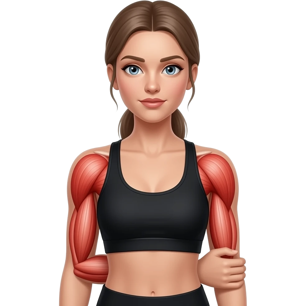 shoulder pain, anatomical highlight of both shoulder joints and deltoid muscles, full red glow over both shoulders, woman holding one shoulder, fair-skinned woman, gray-blue eyes, ash brown brows, ash light brown hair tied back, slim athletic body, black workout set emoji