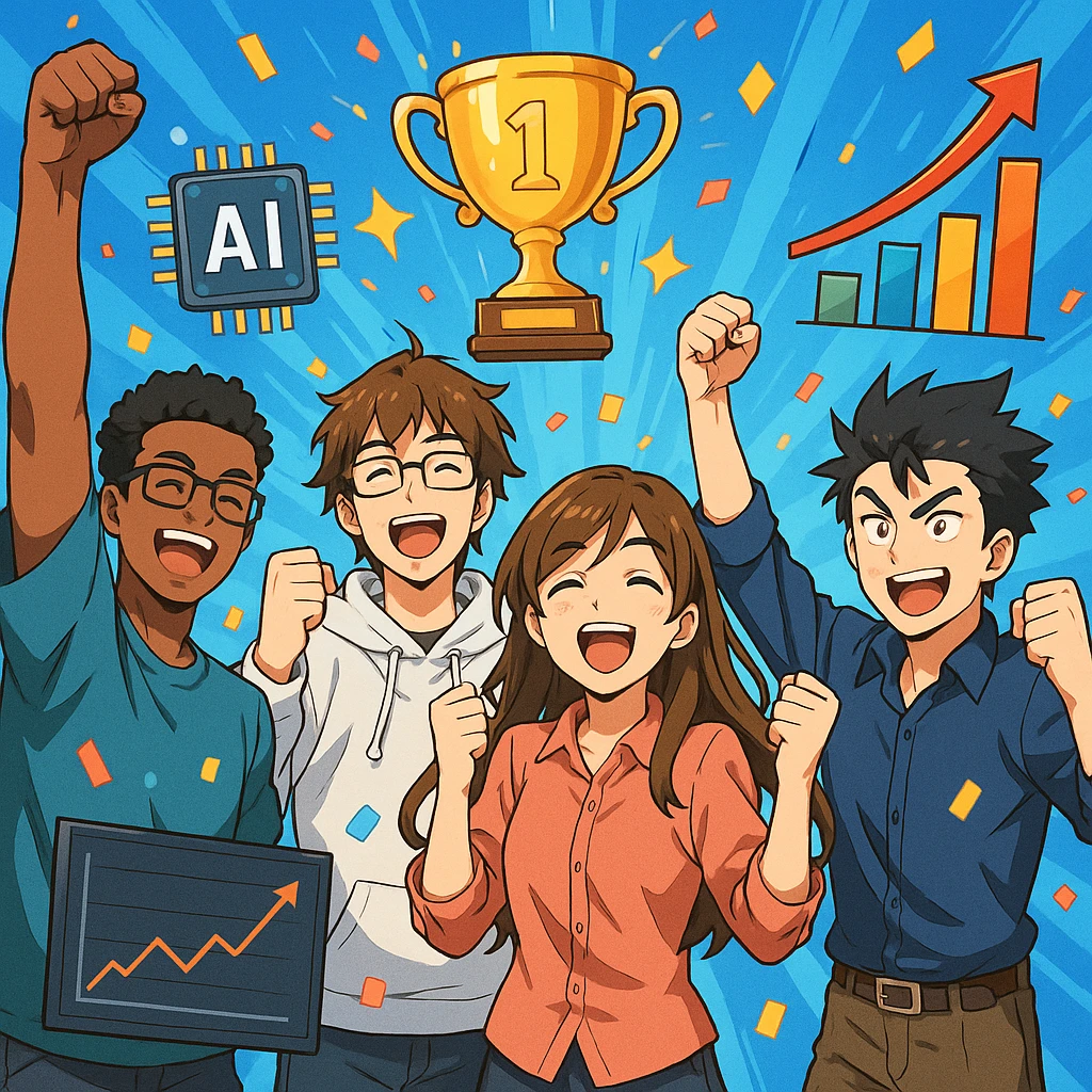 groupe de développeurs IA/ML heureux, levant les bras en signe de victoire, entourés de symboles de réussite comme trophée, confettis, graphiques en hausse, style anime dynamique emoji