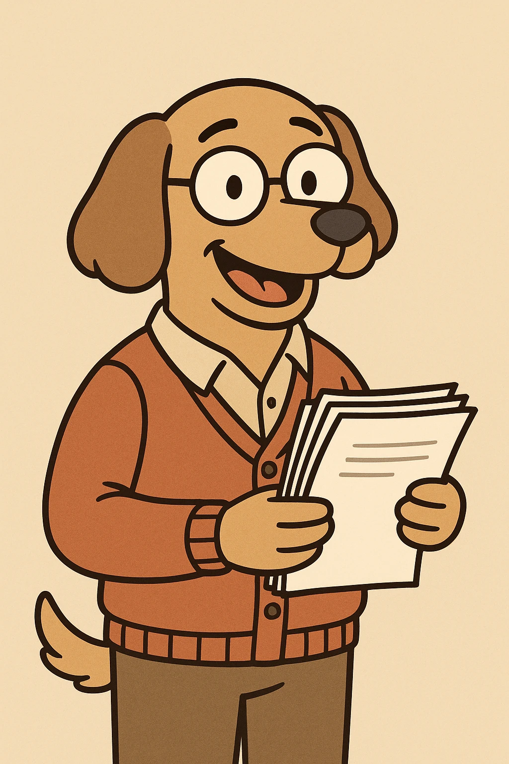 dog as a teacher, holding a stack of papers, wearing a cardigan and spectacles, cheerful and academic, cartoon style, colorful and friendly emoji