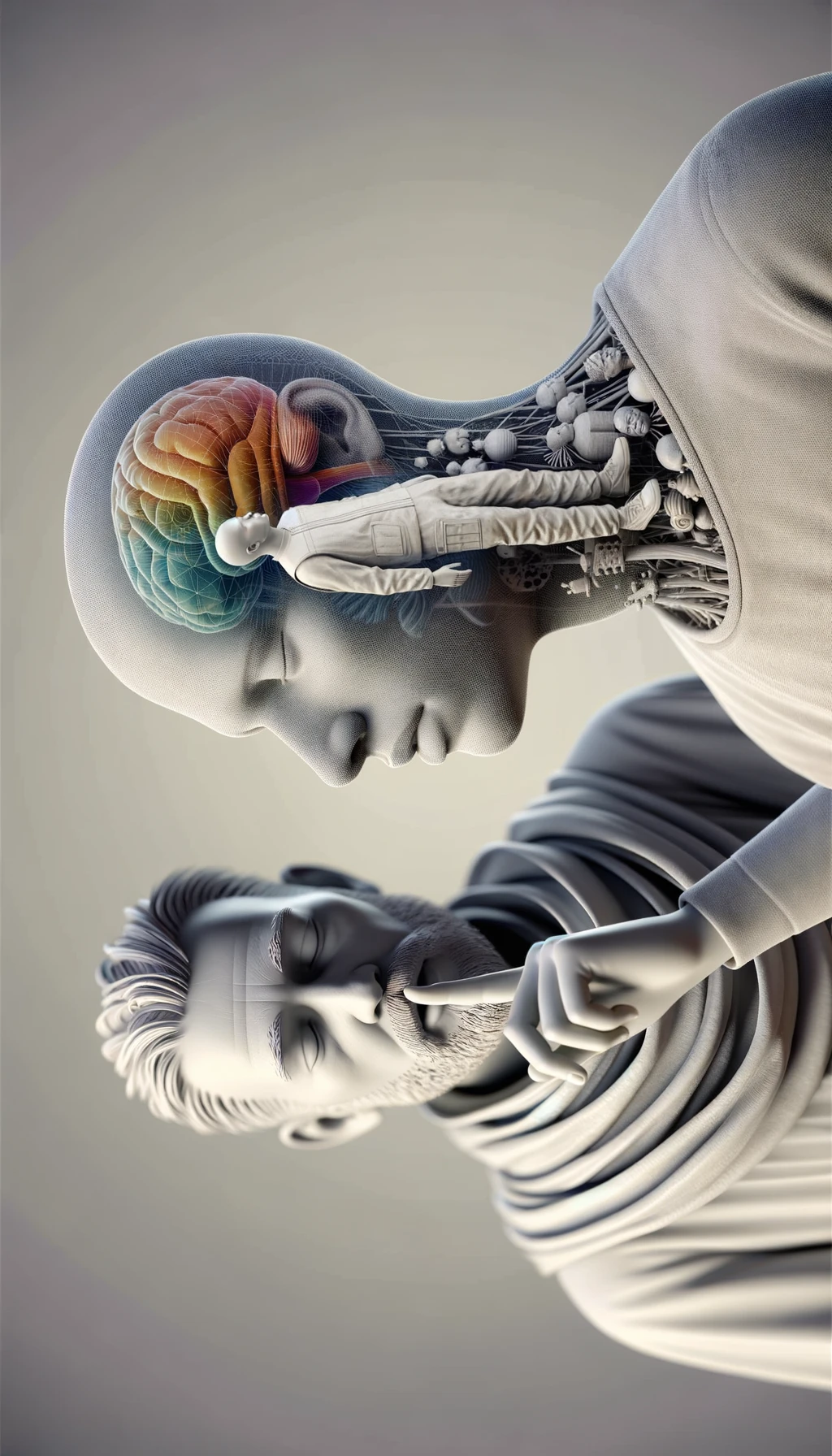corpo umano anatomico che parla ma sopra di lui c'è il muto, un altra persona lo ascolta, immagine iperrealistica 4k emoji