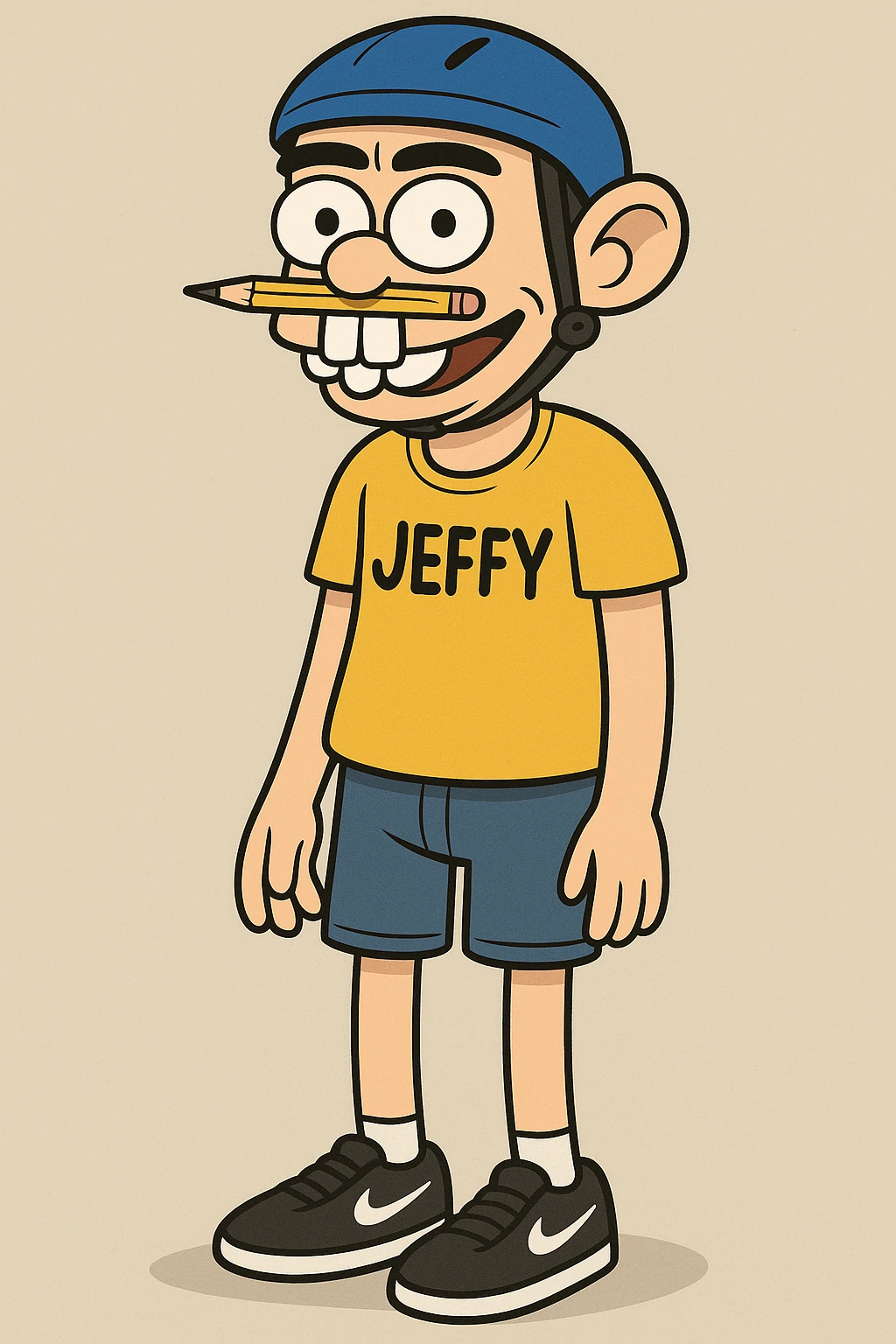 cartoonish 20-year-old boy, blue helmet, pencil on nose, bunny teeth, yellow shirt with 'JEFFY' text, black Nike shoes, black eyebrows, fun and quirky look emoji