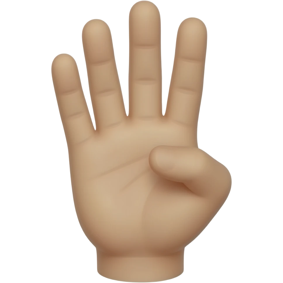 Close-up of a single human hand showing exactly three fingers: index, middle, and ring fingers up. The thumb and pinky (little finger) are curled completely down. Palm facing forward. Cartoon style. emoji