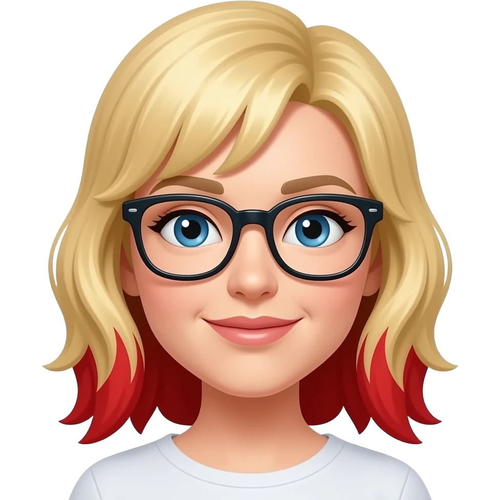 remove the board she is holding, remove the glasses, make the hair strawberry blonde with red streaks emoji