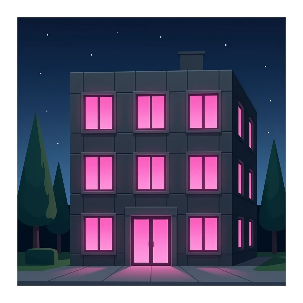 fancy black concrete building with pink glowing window, realism style emoji