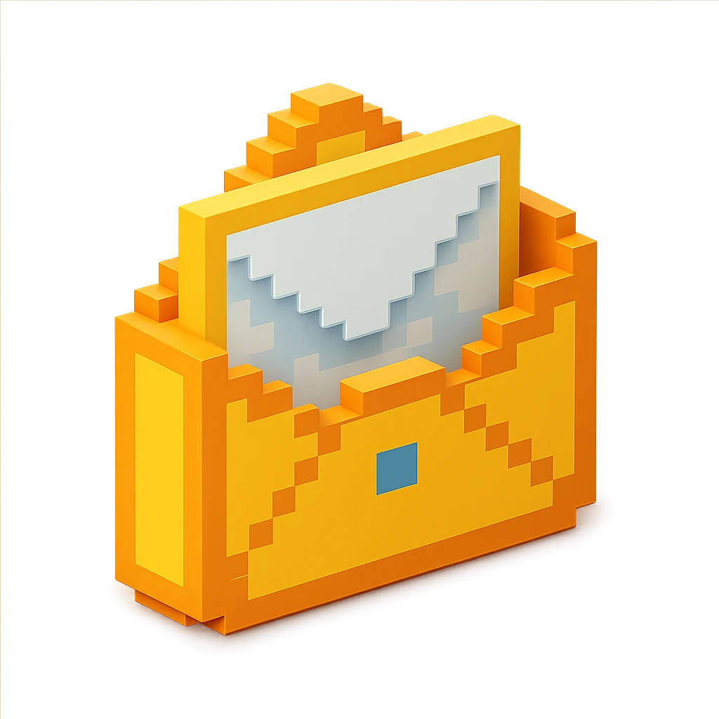 3D voxel style icon of a mail pocket, with a slightly open flap and stylized pixel details emoji